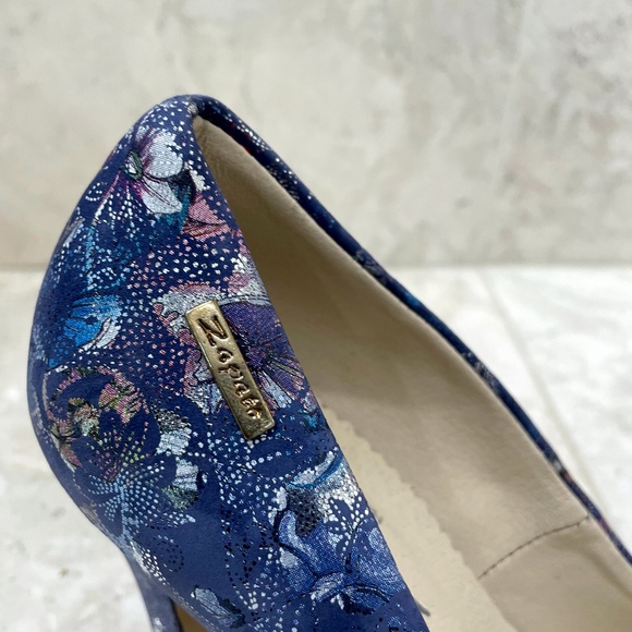 ZAPATO {38} Pumps Floral Fabric Blue Metallic Handmade - Picture 2 of 16
